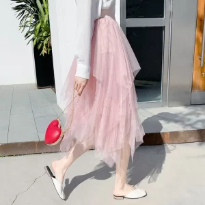 Y2K Style High Waist Chiffon Midi Skirt - Sexy Solid Color Puffy Tulle Summer Outfit