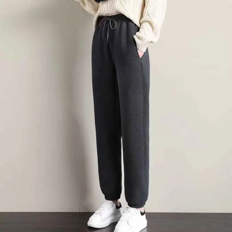 Y2K Style High Waist Fleece Sweatpants - Lace Up Streetwear Harem Trousers