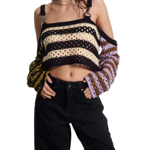 Y2K Style Off-Shoulder Knit Crop Top - Sexy Ribbed Sweater Jumpers