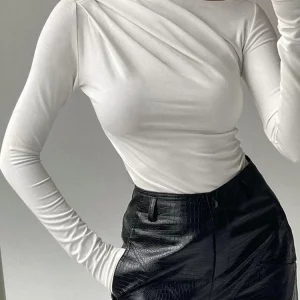 Y2K Style Ruched White Top - Sexy Long Sleeve Black T-shirt for Women