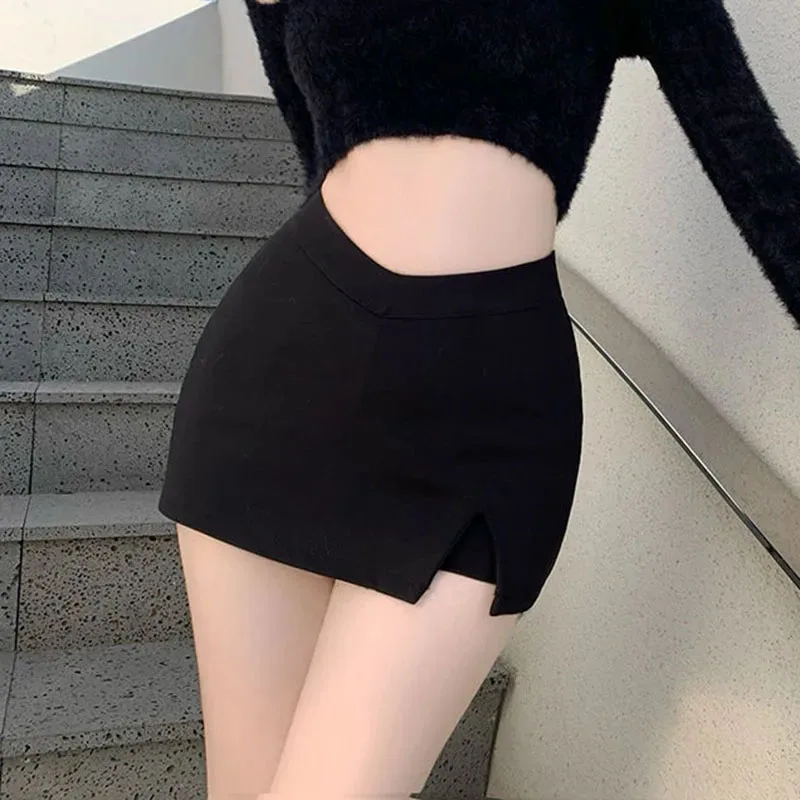 Y2K Style Sexy Split Black Mini Skirt - High Waist Streetwear Casual A-Line Skirt