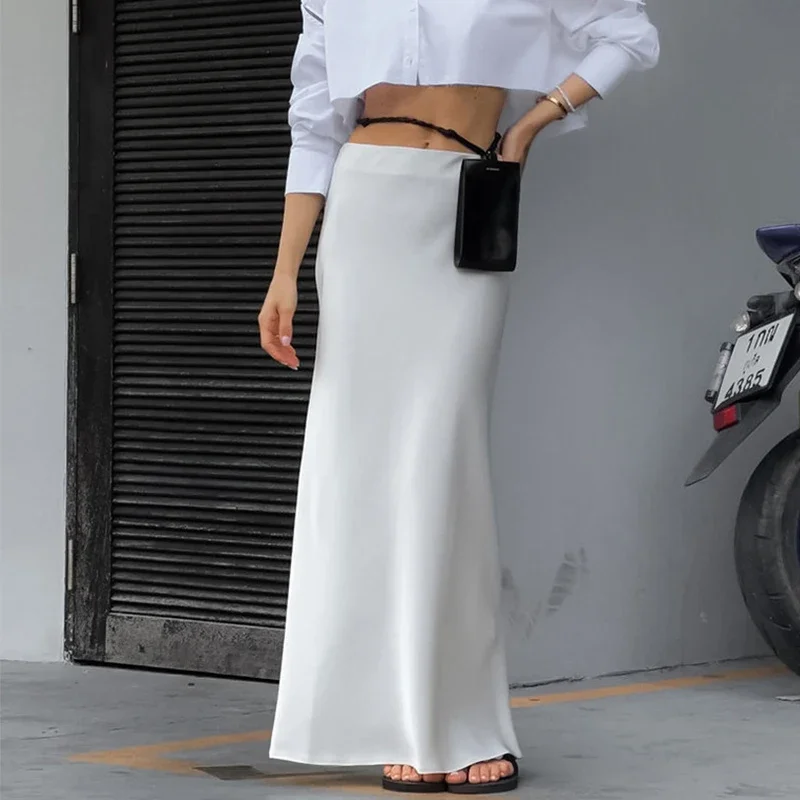 Y2K Style Silk Midi Skirt - High Waist Satin Long Skirt for Women - Elegant Party Wear - Grunge