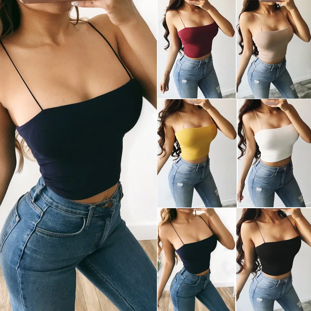 Y2K Style Spaghetti Strap Crop Top - Solid Color Sleeveless Tank for Women