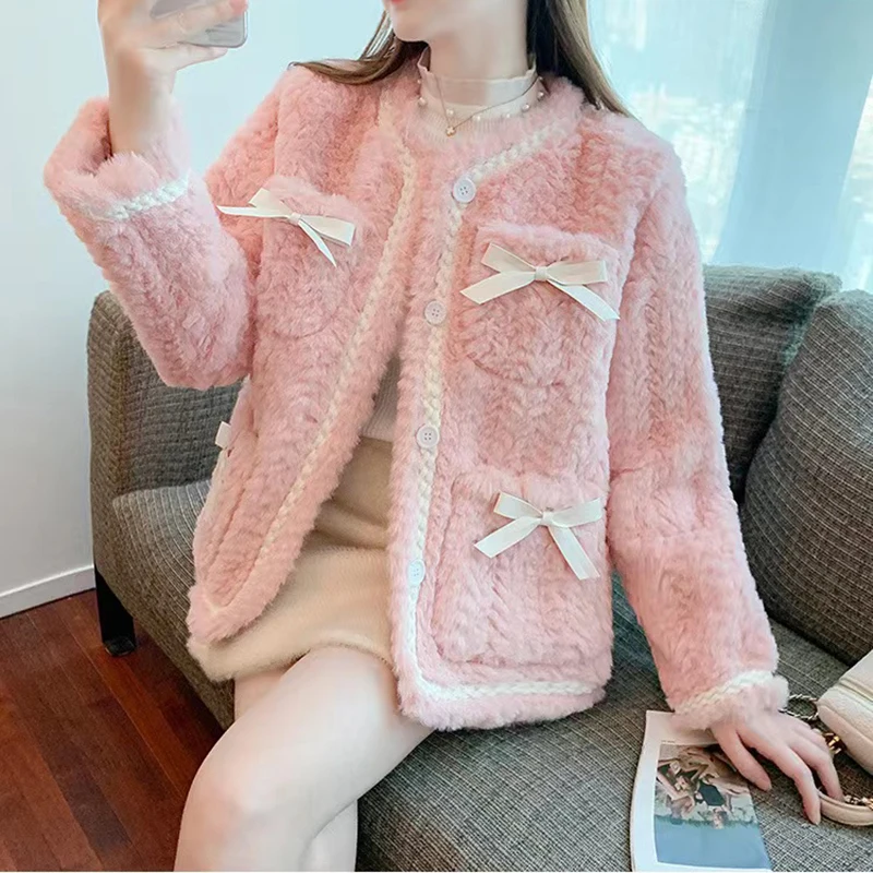 Y2K Style Sweet Pink Faux Fur Jacket - Korean Elegant O Neck Lambs Wool Coat for Women