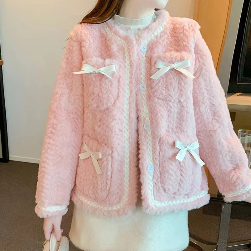 Y2K Style Sweet Pink Faux Fur Jacket - Korean Elegant O Neck Lambs Wool Coat for Women