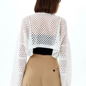 Y2K Style White Knit Crop Top with Fishnet Detail - Autumn Winter Fashion