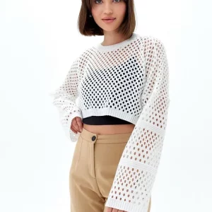 Y2K Style White Knit Crop Top with Fishnet Detail - Autumn Winter Fashion