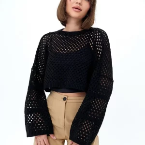 Y2K Style White Knit Crop Top with Fishnet Detail - Autumn Winter Fashion