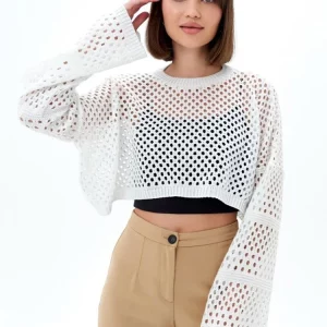 Y2K Style White Knit Crop Top with Fishnet Detail - Autumn Winter Fashion