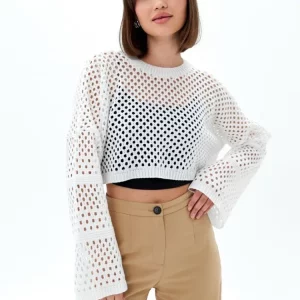 Y2K Style White Knit Crop Top with Fishnet Detail - Autumn Winter Fashion