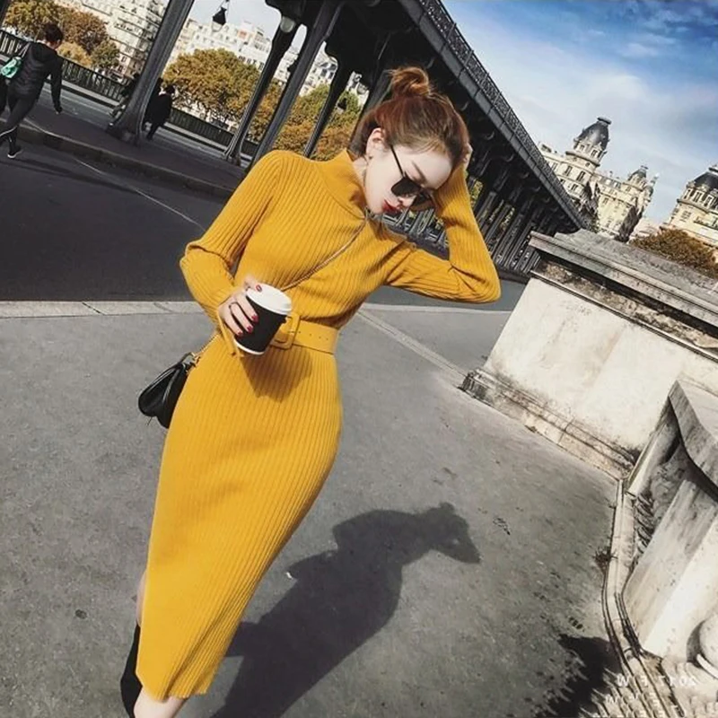 Y2K Style Yellow Knit Belted Midi Dress - Grunge Fashion Statement