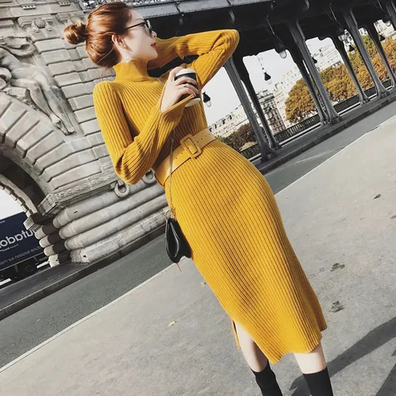 Y2K Style Yellow Knit Belted Midi Dress - Grunge Fashion Statement