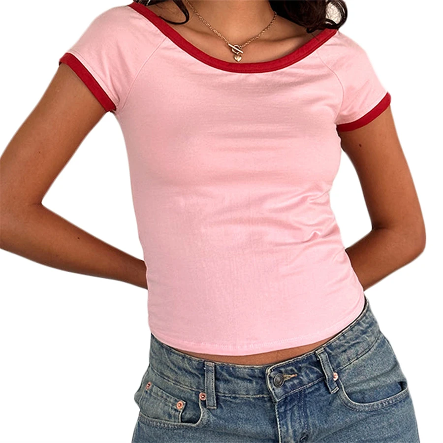 Y2K Summer Basics Tees Contrast Color Casual T-shirts Slim Crop Tops