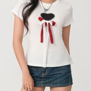 Y2K Summer Basics White T-Shirts - Cute Lace Bow Heart Print Casual Tees