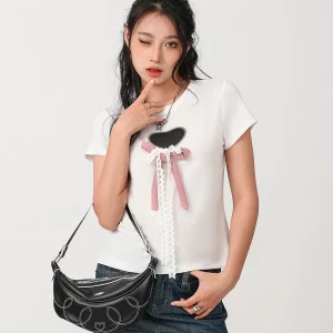 Y2K Summer Basics White T-Shirts - Cute Lace Bow Heart Print Casual Tees