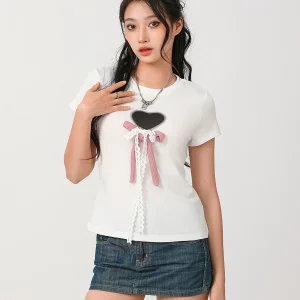 Y2K Summer Basics White T-Shirts - Cute Lace Bow Heart Print Casual Tees