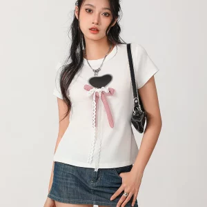 Y2K Summer Basics White T-Shirts - Cute Lace Bow Heart Print Casual Tees