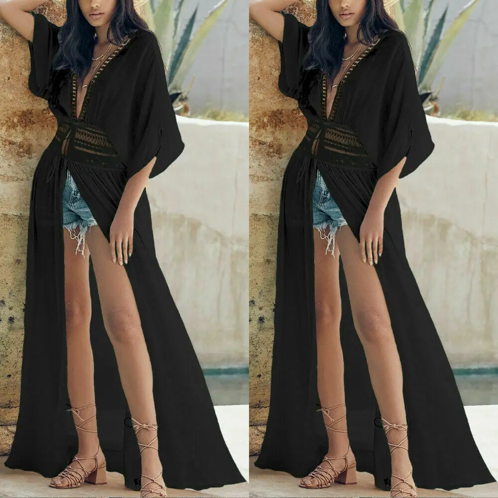 Y2K Summer Beach Boho Maxi Dress with Belt - Sexy Deep V-Neck Cover-Up Swimsuit