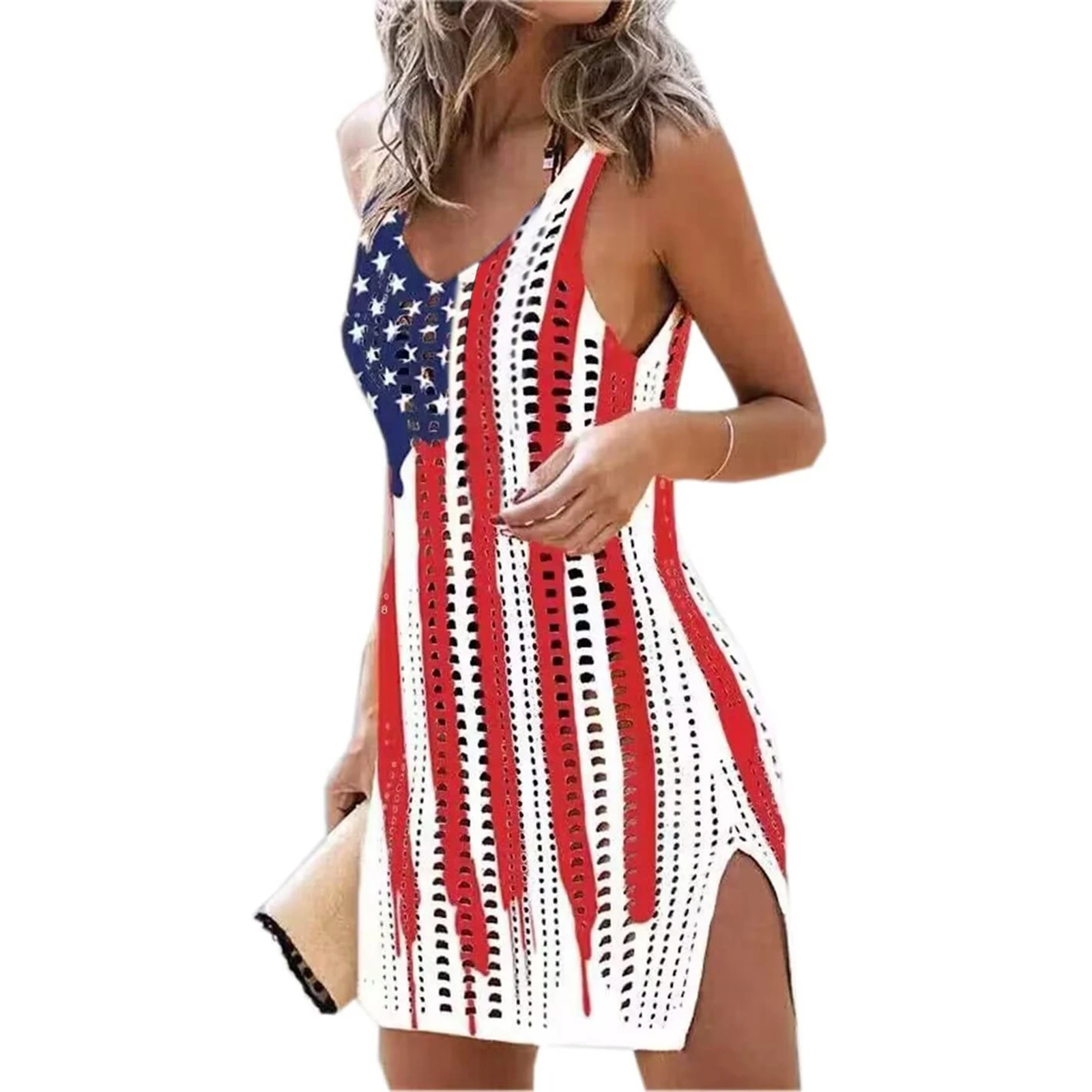 Y2K Summer Beach Dress Hollow Out Crochet Cover Up - Women's Independence Day Swimsuit Cover-Up