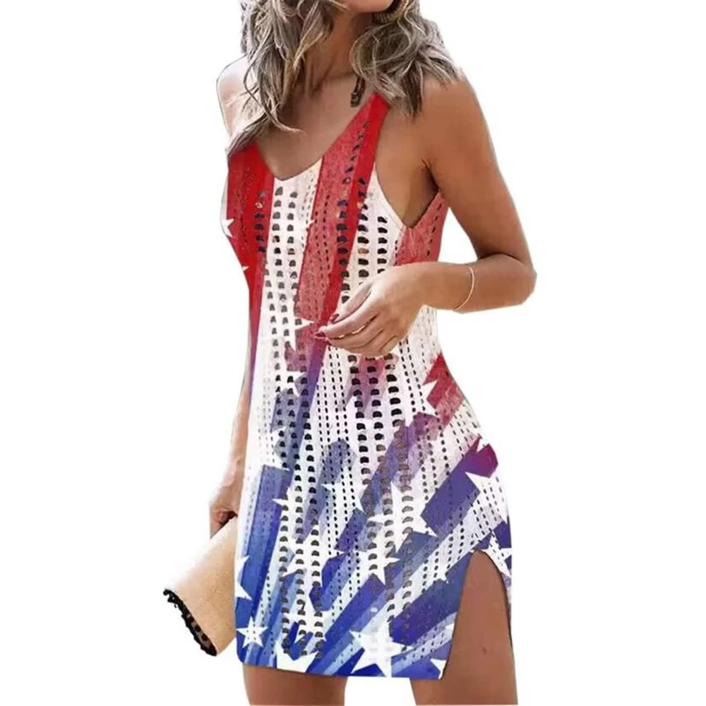 Y2K Summer Beach Dress Hollow Out Crochet Cover Up - Women's Independence Day Swimsuit Cover-Up