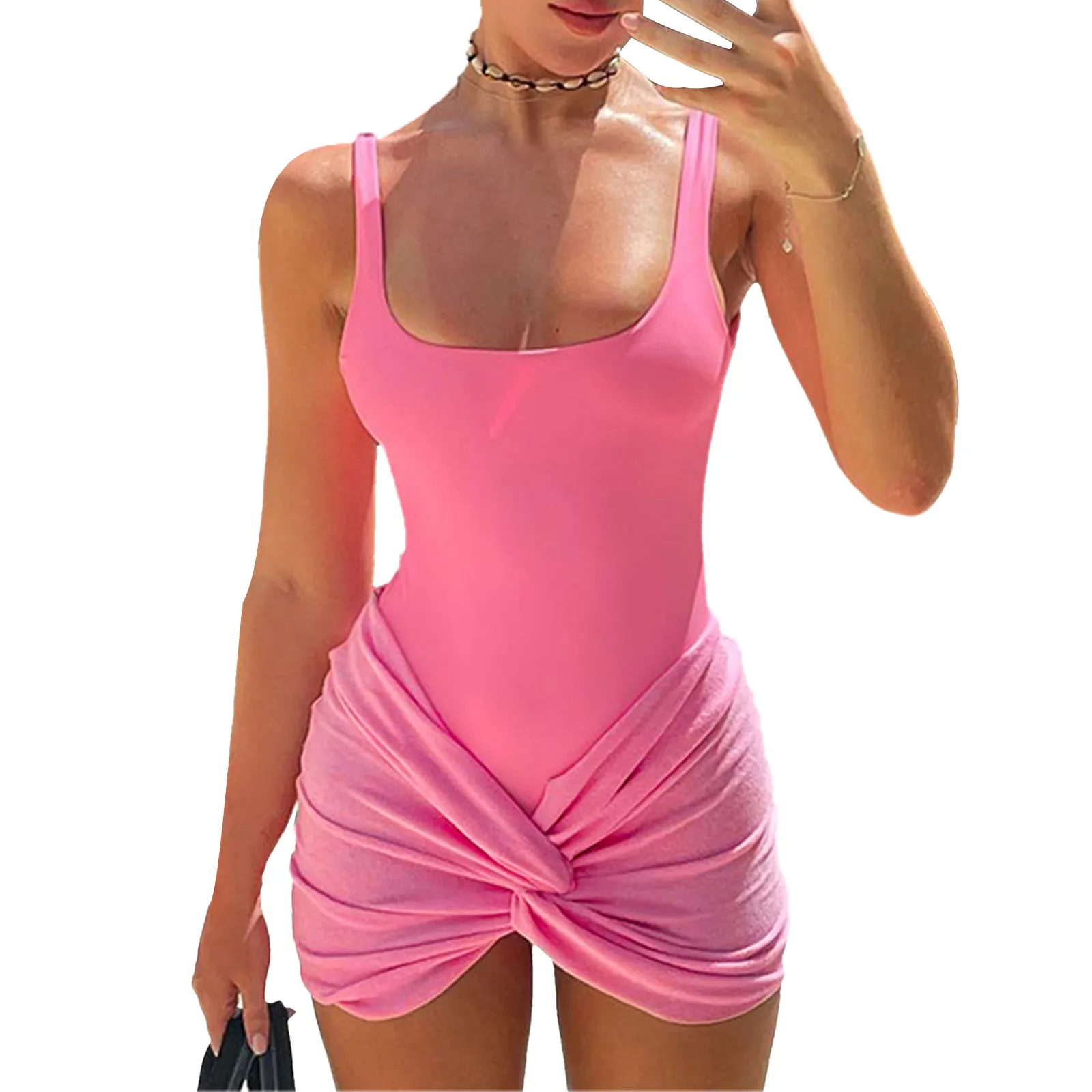 Y2K Summer Beach Party Outfit Set - Sexy Bodysuit Top with Low Waisted Bodycon Skirt