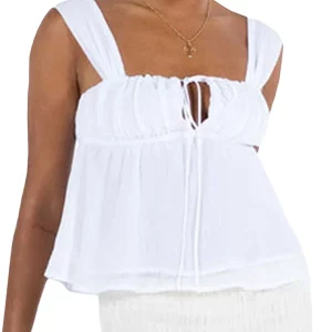 Y2K Summer Beach Tank Top with Ruched Bust and Tie-Up Detail