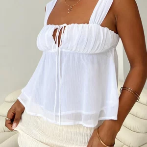 Y2K Summer Beach Tank Top with Ruched Bust and Tie-Up Detail