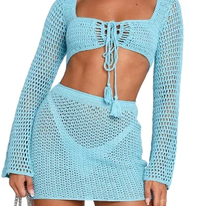 Y2K Summer Beachwear Set: Crochet Knit Tie-Up Top Sarong Mini Skirt