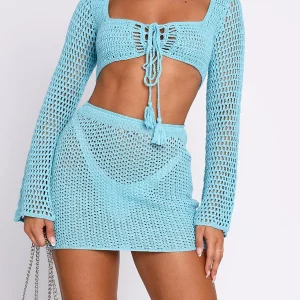 Y2K Summer Beachwear Set: Crochet Knit Tie-Up Top Sarong Mini Skirt