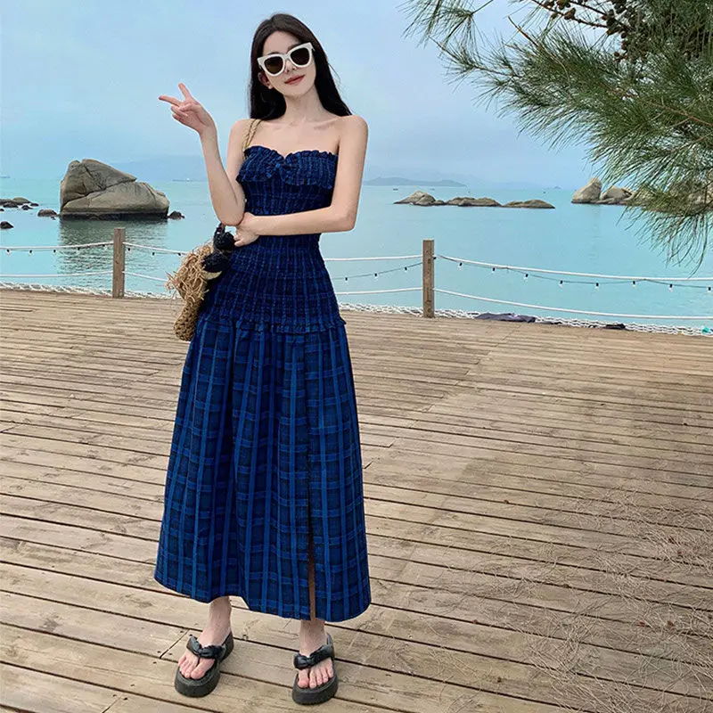 Y2K Summer Blue Plaid Off-Shoulder Dress - Women's Fashion