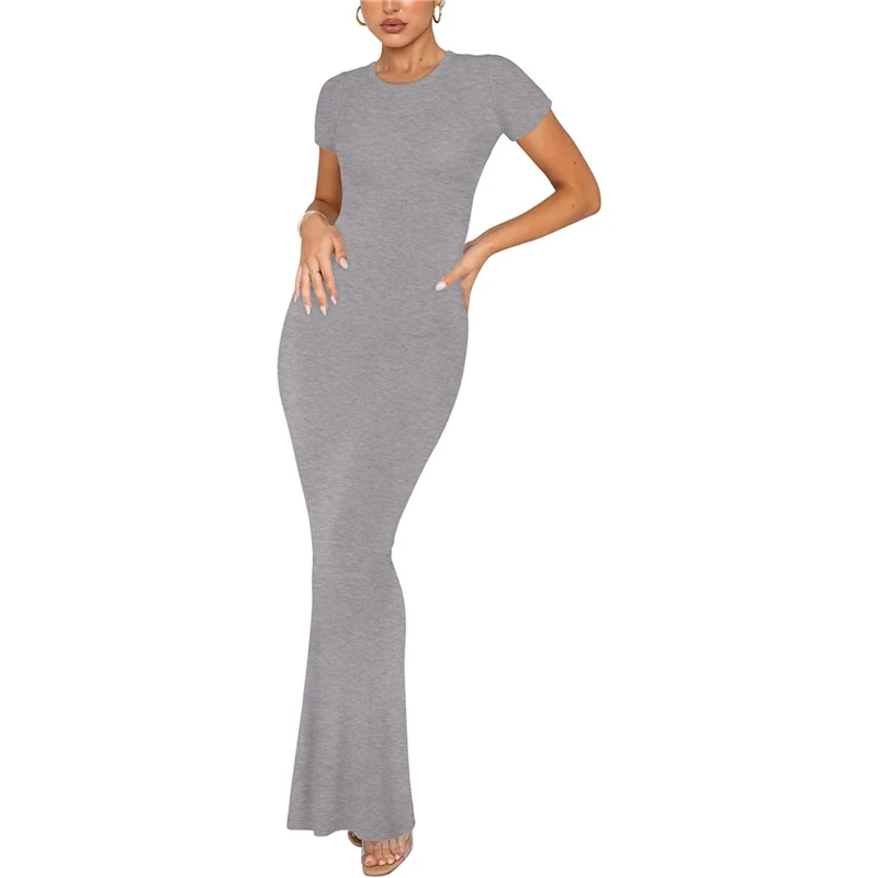 Y2K Summer Bodycon Dress: Solid Color Round Neck Short Sleeve Long Dress