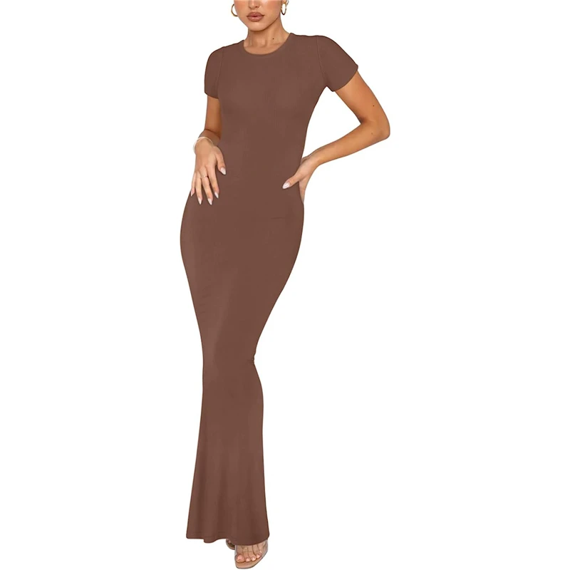 Y2K Summer Bodycon Dress: Solid Color Round Neck Short Sleeve Long Dress