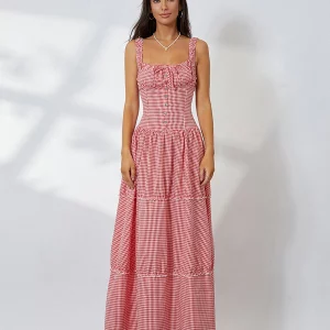 Y2K Summer Bodycon Maxi Dress: Sleeveless Tie-Up Pleated Spaghetti Strap Backless