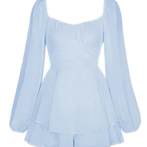 Y2K Summer Chic Tiered Playsuit with Lantern Sleeves & Square Neck