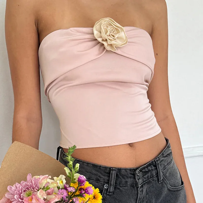 Y2K Summer Clubwear Tube Top with Flower Patchwork - Sexy Slim Fit Slash Neck Tank - 2024 Fashion