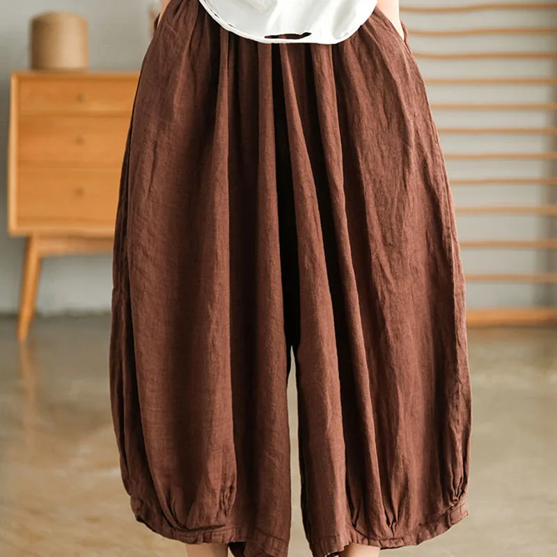 Y2K Summer Cotton Linen Knickerbockers: Loose Fit Wide Leg Skirt-Trousers