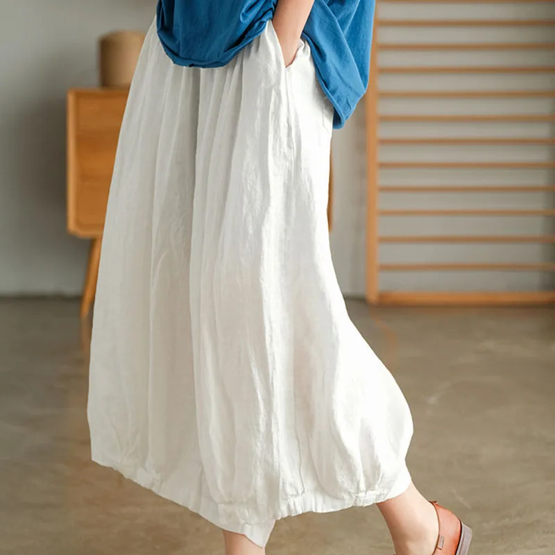 Y2K Summer Cotton Linen Knickerbockers: Loose Fit Wide Leg Skirt-Trousers