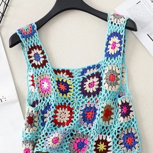 Y2K Summer Crochet Tank Top with Colorful Floral Embroidery - Boho Camisole for Women