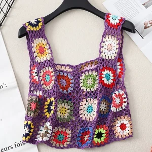 Y2K Summer Crochet Tank Top with Colorful Floral Embroidery - Boho Camisole for Women