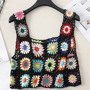 Y2K Summer Crochet Tank Top with Colorful Floral Embroidery - Boho Camisole for Women