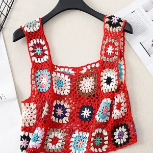 Y2K Summer Crochet Tank Top with Colorful Floral Embroidery - Boho Camisole for Women