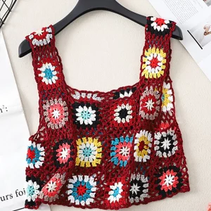 Y2K Summer Crochet Tank Top with Colorful Floral Embroidery - Boho Camisole for Women