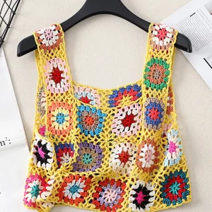 Y2K Summer Crochet Tank Top with Colorful Floral Embroidery - Boho Camisole for Women