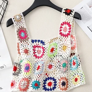 Y2K Summer Crochet Tank Top with Colorful Floral Embroidery - Boho Camisole for Women