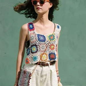 Y2K Summer Crochet Tank Top with Colorful Floral Embroidery - Boho Camisole for Women