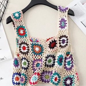 Y2K Summer Crochet Tank Top with Colorful Floral Embroidery - Boho Camisole for Women