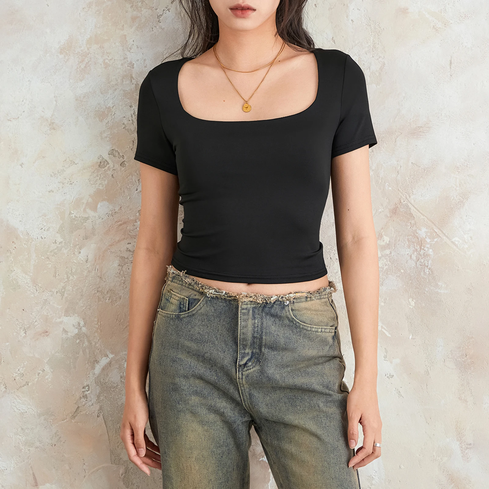 Y2K Summer Crop Top: Solid Color U-Neck Casual Tee for Women