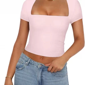 Y2K Summer Crop Top: Solid Color U-Neck Casual Tee for Women