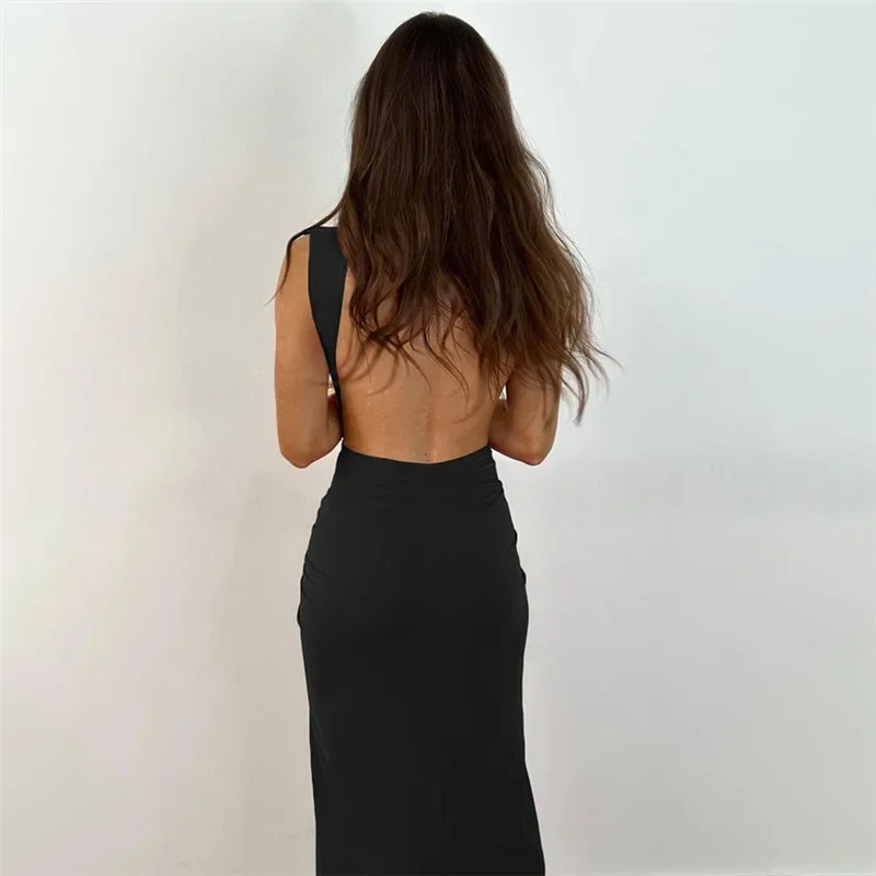 Y2K Summer Fashion Ruched Maxi Dress - Sexy Backless V Neck High Slit - Women's Body