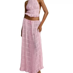 Y2K Summer Fashion Set: Halter Cami Top & Long Skirt - Mesh Lace Beachwear